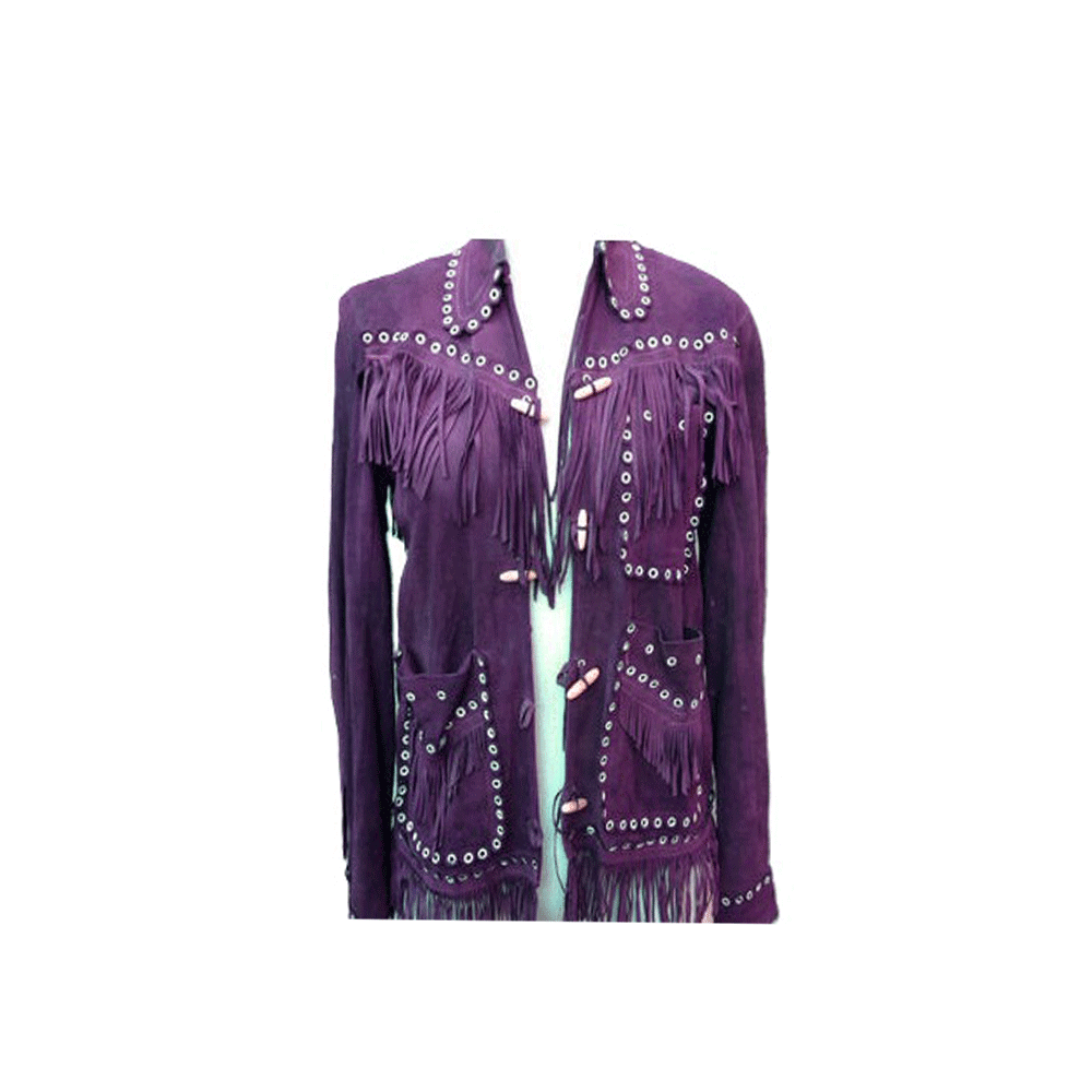 Maroon Suede Leather Fringe Studded Jacket For Women WWJ523