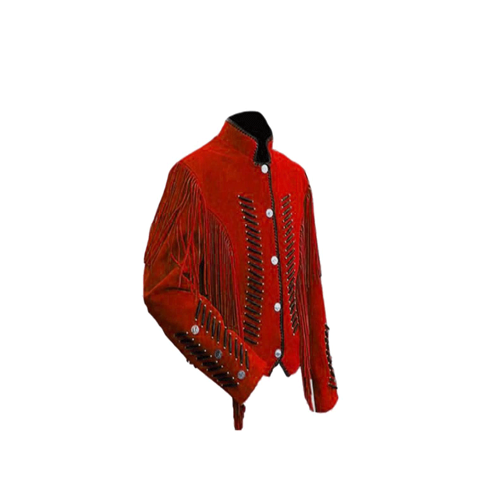 Men's Western Turquoise Suede Leather Fringe Bone work Jacket MW817