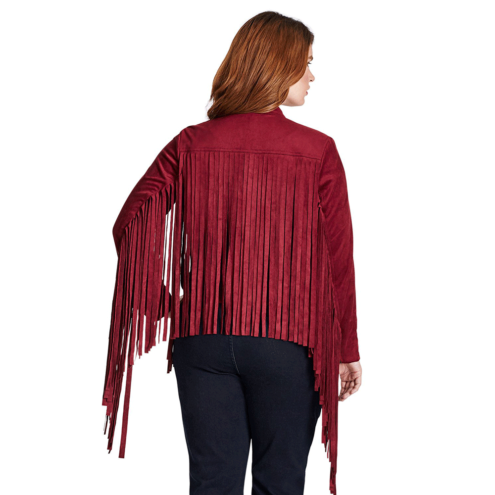 Black & Maroon Suede Leather Fringe Jacket For Women WWJ709