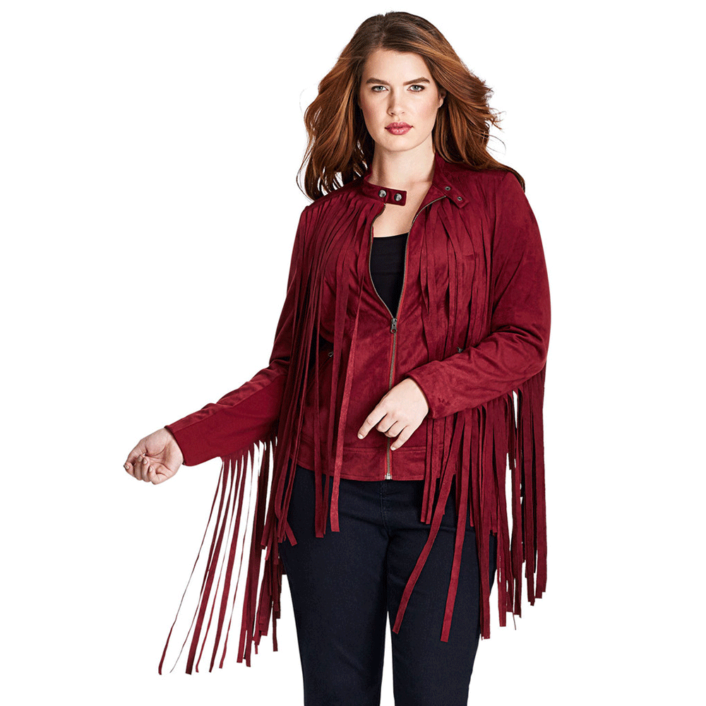 Black & Maroon Suede Leather Fringe Jacket For Women WWJ709