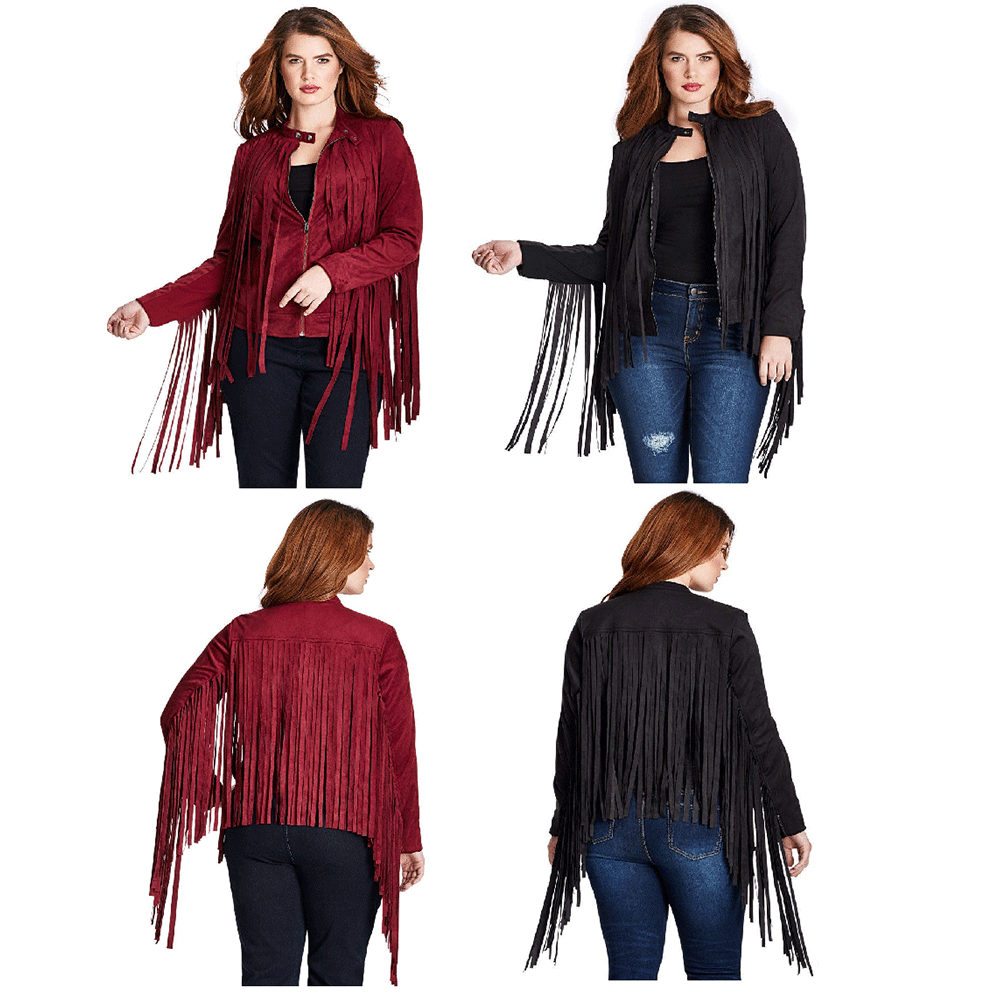 Black & Maroon Suede Leather Fringe Jacket For Women WWJ709