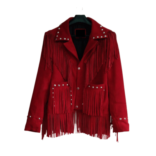 Western Red Suede Leather Fringe Cowgirl Jacket WWJ679