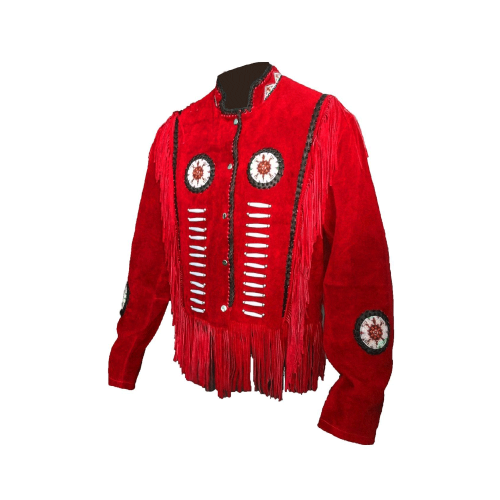 Men's Western Cowboy Suede Leather Fringe Beaded Jacket MW824