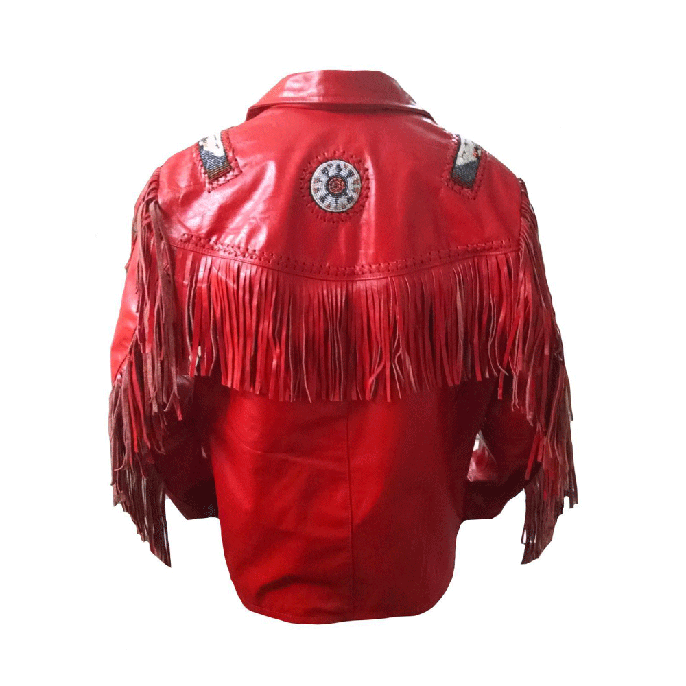 Men's Western Red Buckskin Leather Beaded Fringes Jacket MWJ801