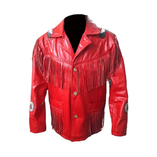 Men's Western Red Buckskin Leather Beaded Fringes Jacket MWJ801