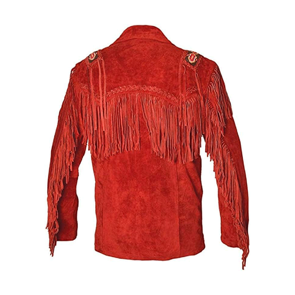 Men's Western Red Suede Leather Fringe Beaded Jacket MW825