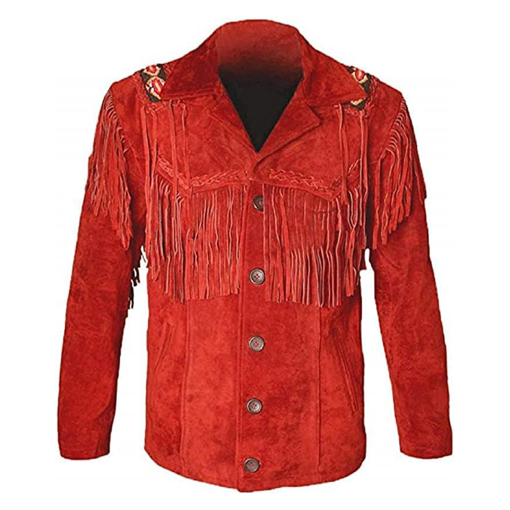 Men's Western Blue Suede Leather Fringe and Beaded Jacket MW818