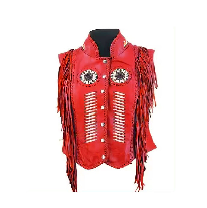 Red leather vest with fringe and embellishments on a white background