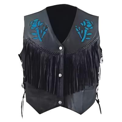 Cowgirl's Black Leather Fringe Applique Flower work Vest CGV452