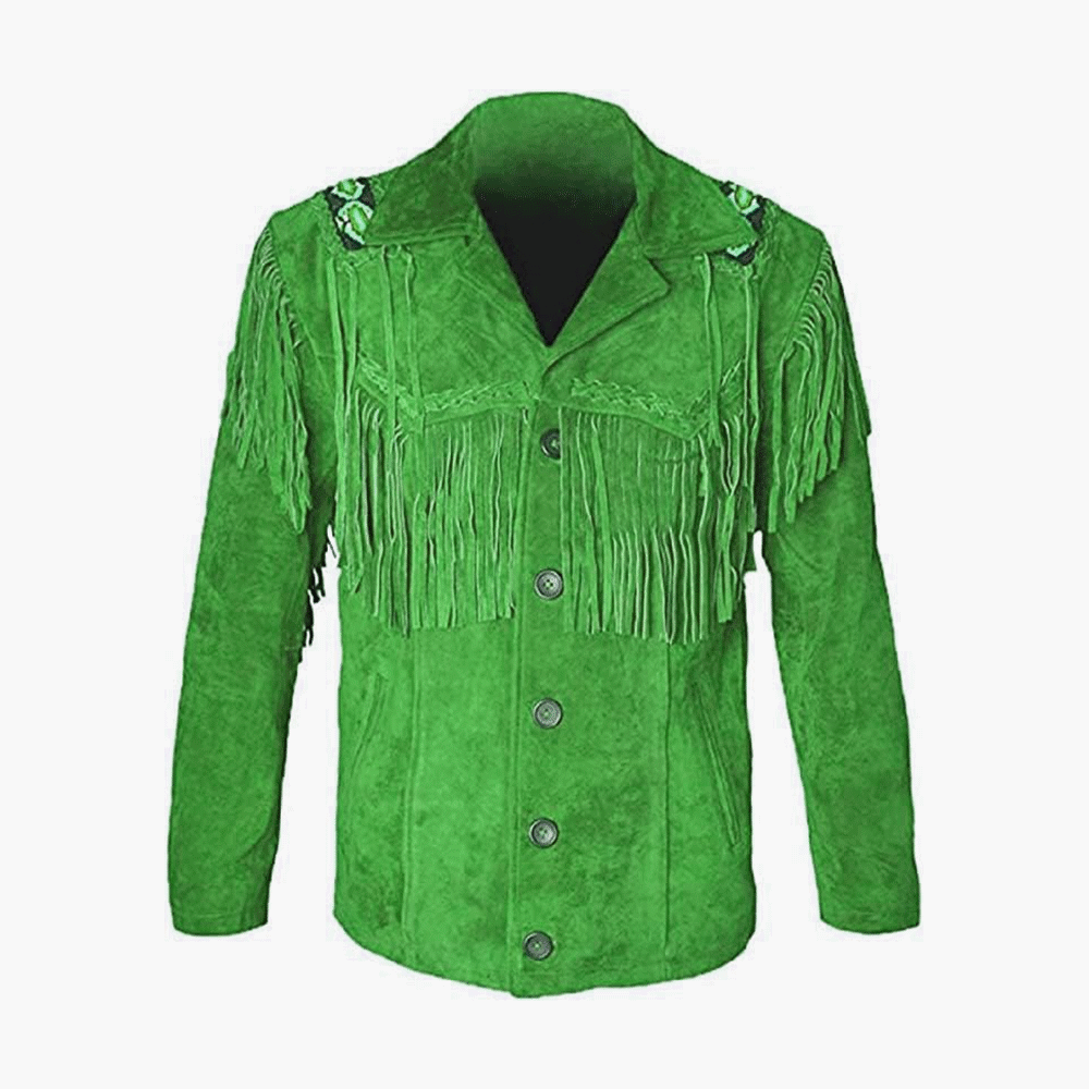 Men's Western Blue Suede Leather Fringe and Beaded Jacket MW818