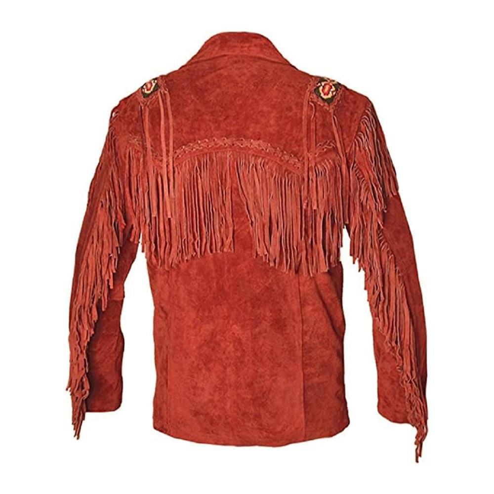 Men's Western Blue Suede Leather Fringe and Beaded Jacket MW818