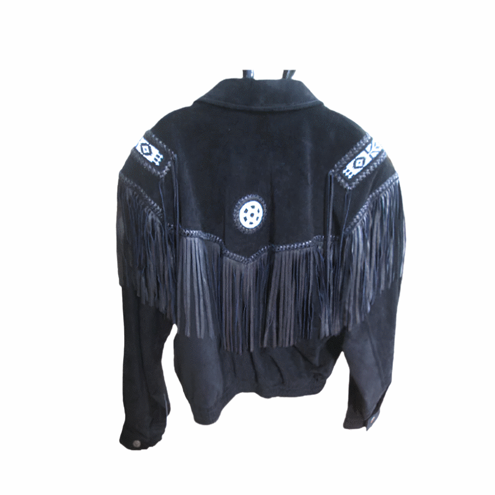 Men's Western Black Suede Leather Fringe Beaded Jacket MW888