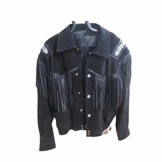 Men's Western Black Suede Leather Fringe Beaded Jacket MW888