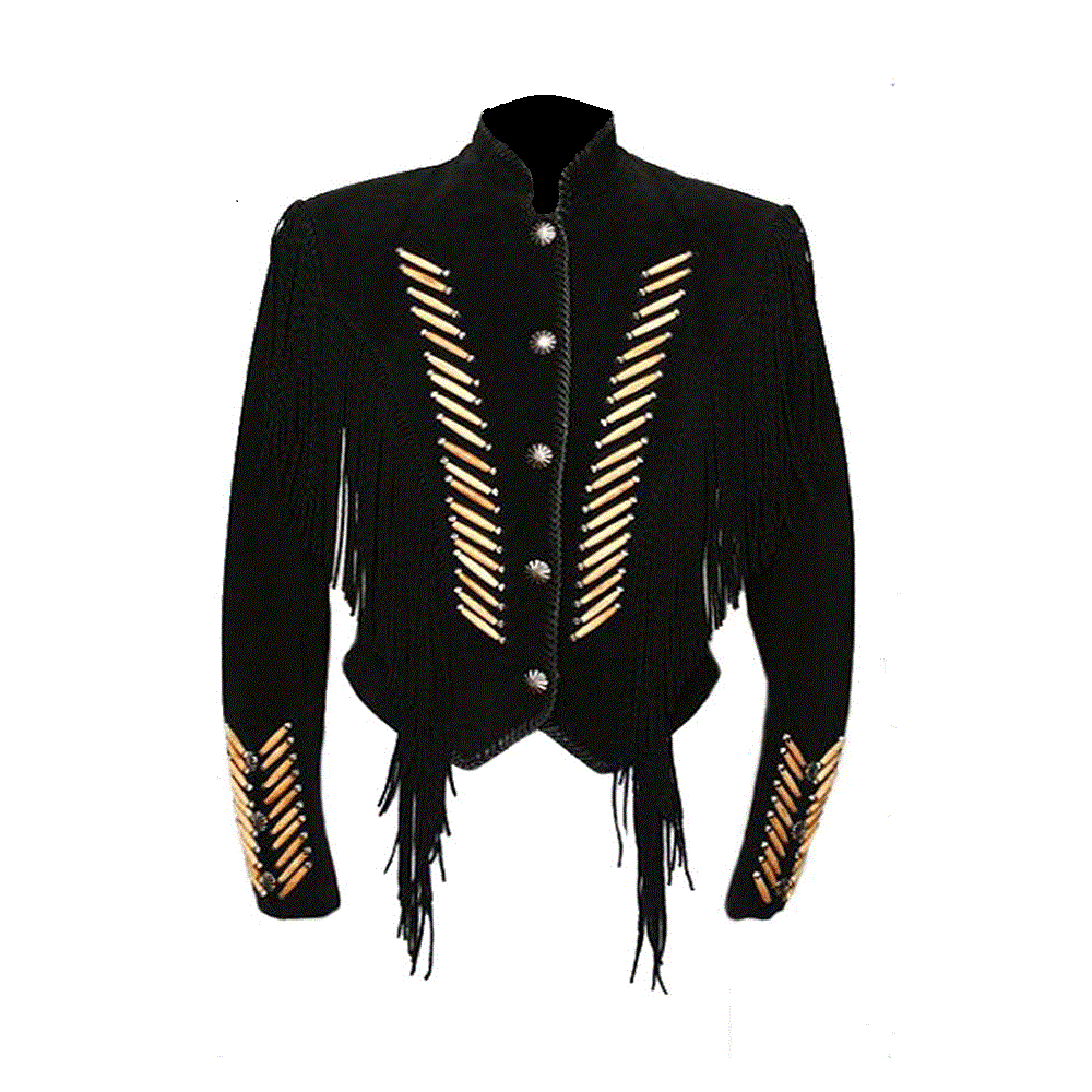 Men's Western Turquoise Suede Leather Fringe Bone work Jacket MW817