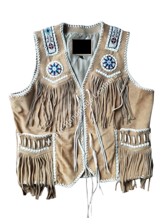 Cowgirl's Western Beige Suede Leather Fringe Beaded Vest CGV511