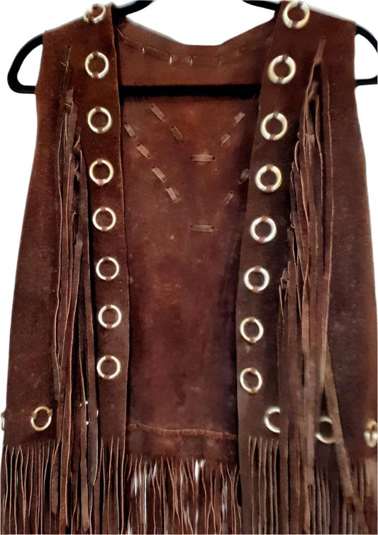 Cowgirl's Brown Suede Leather Fringe Silver Metal Ring Work Vest CGV473