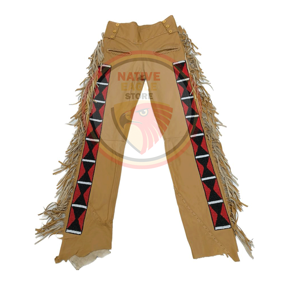 Native Men's Tan Buckskin Leather Fringes Beaded Pants Powwow Pants NLP112