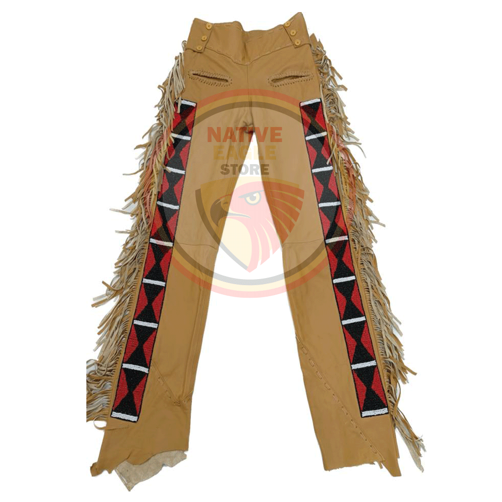 Native Men's Tan Buckskin Leather Fringes Beaded Pants Powwow Pants NLP112