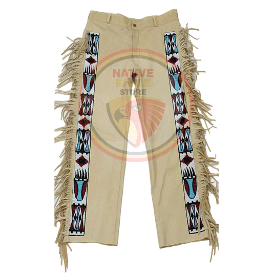 Native Men's Tan Buckskin Leather Fringes Beaded Pants Hand Colored NLP148
