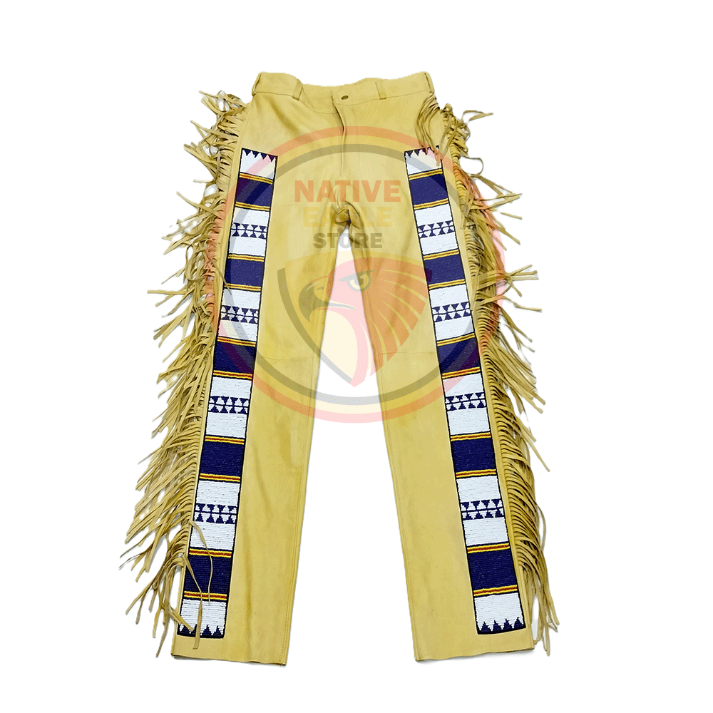 Native Men's Tan Buckskin Leather Fringes Beaded Pants Hand Colored NLP136