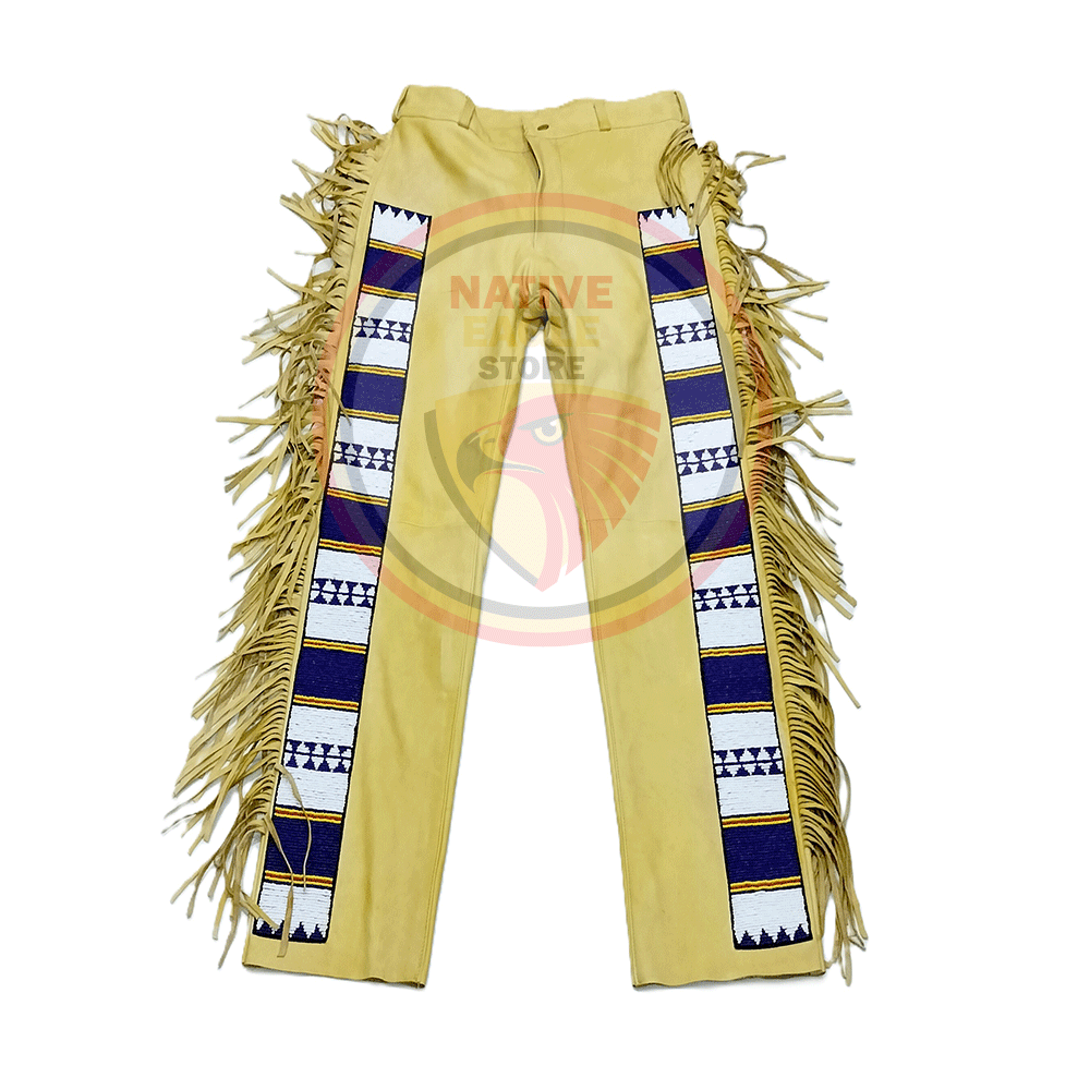 Native Men's Tan Buckskin Leather Fringes Beaded Pants Hand Colored NLP136