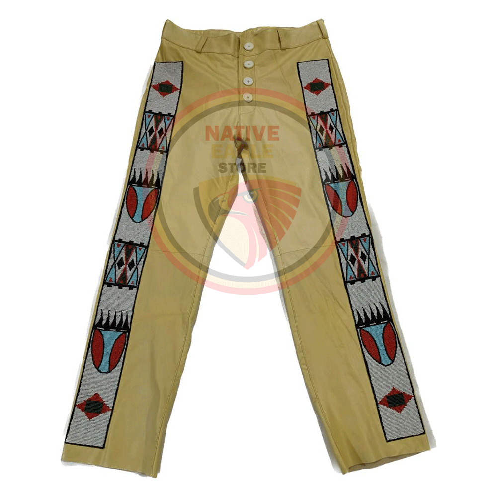 Native Men's Tan Buckskin Leather Beaded Pants Powwow Pant NLP348