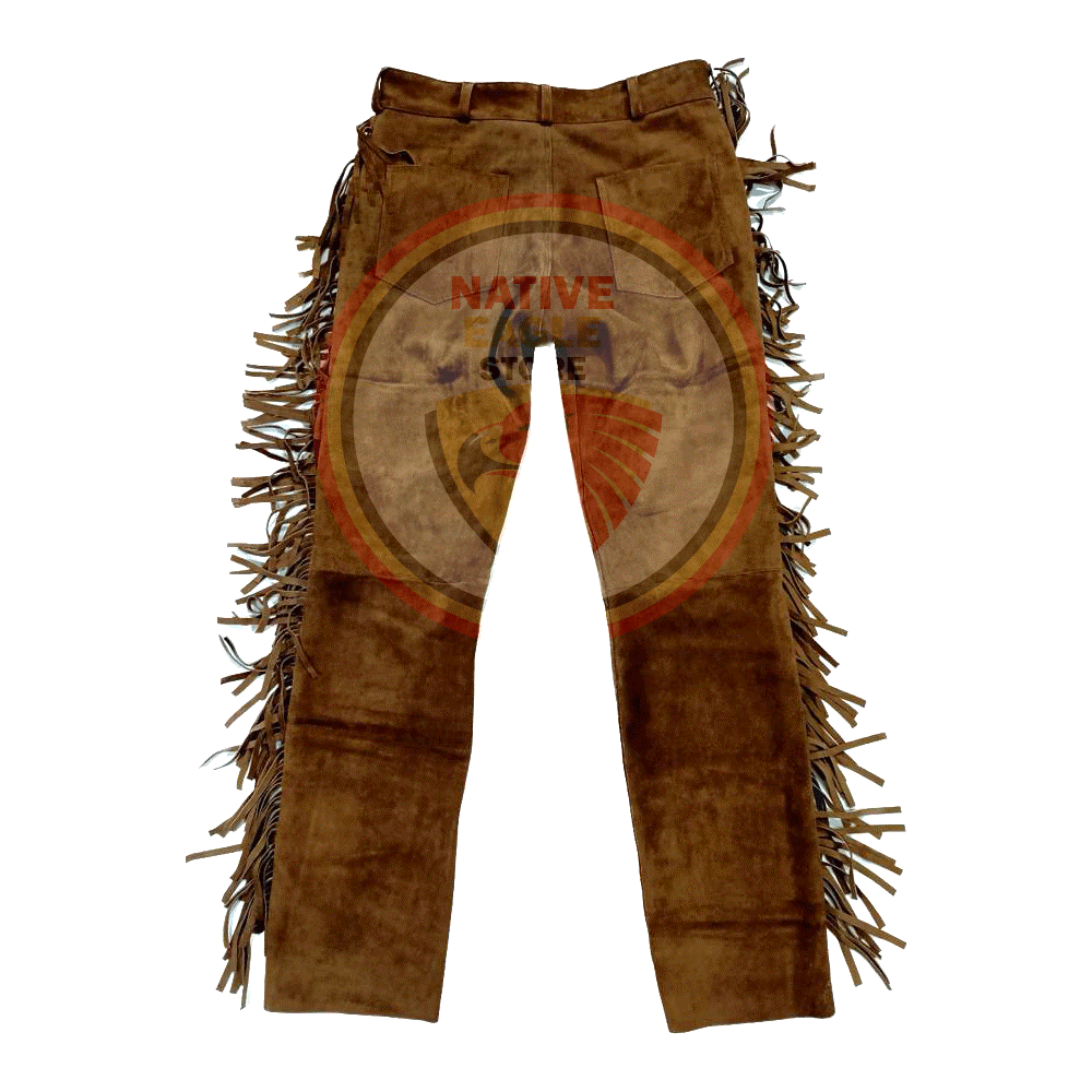 Native Men's Brown Buckskin Suede Leather Fringe Beaded Pants Powwow Pants NFP115