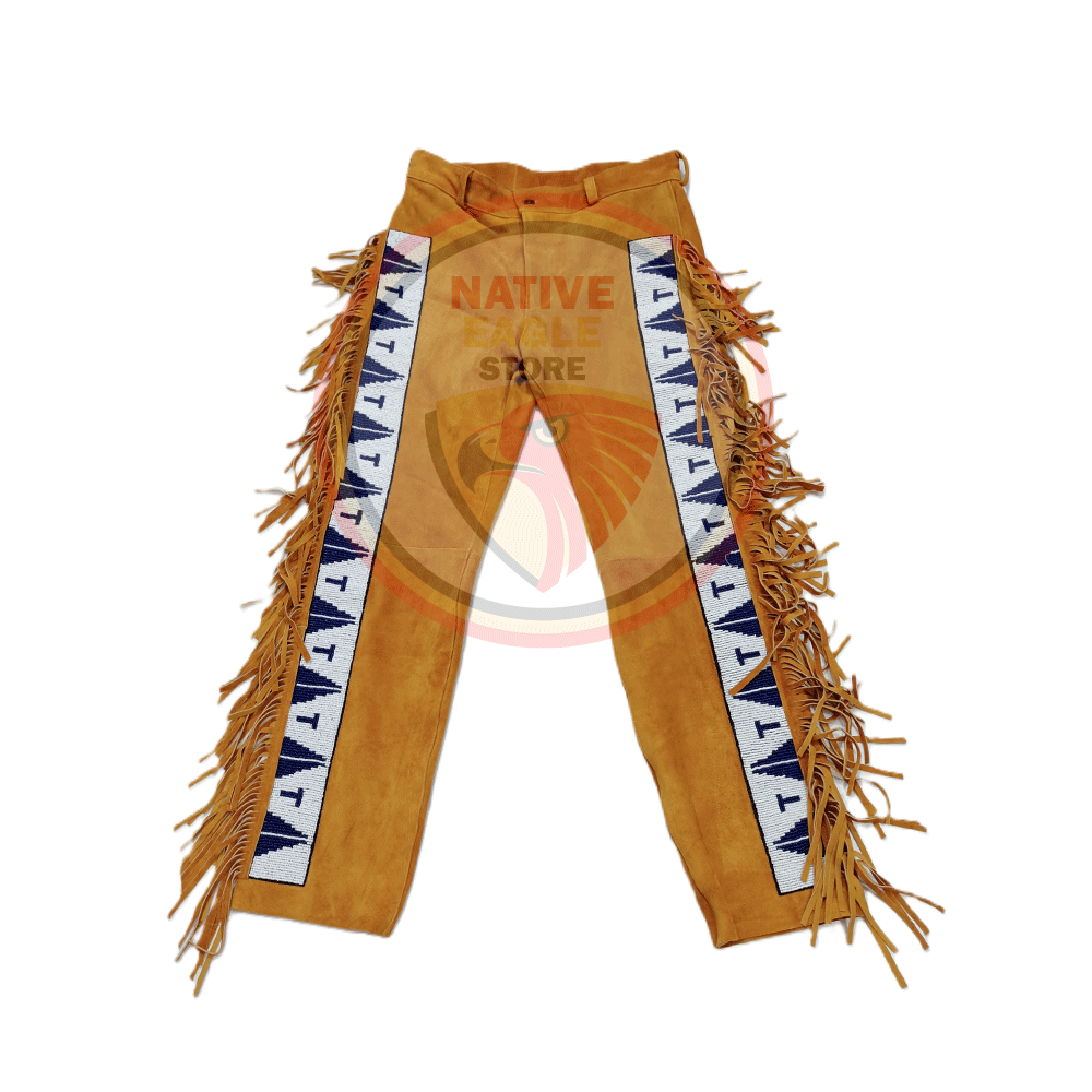 Native Men's Brown Buckskin Suede Leather Fringe Beaded Pants Powwow Pants NFP113