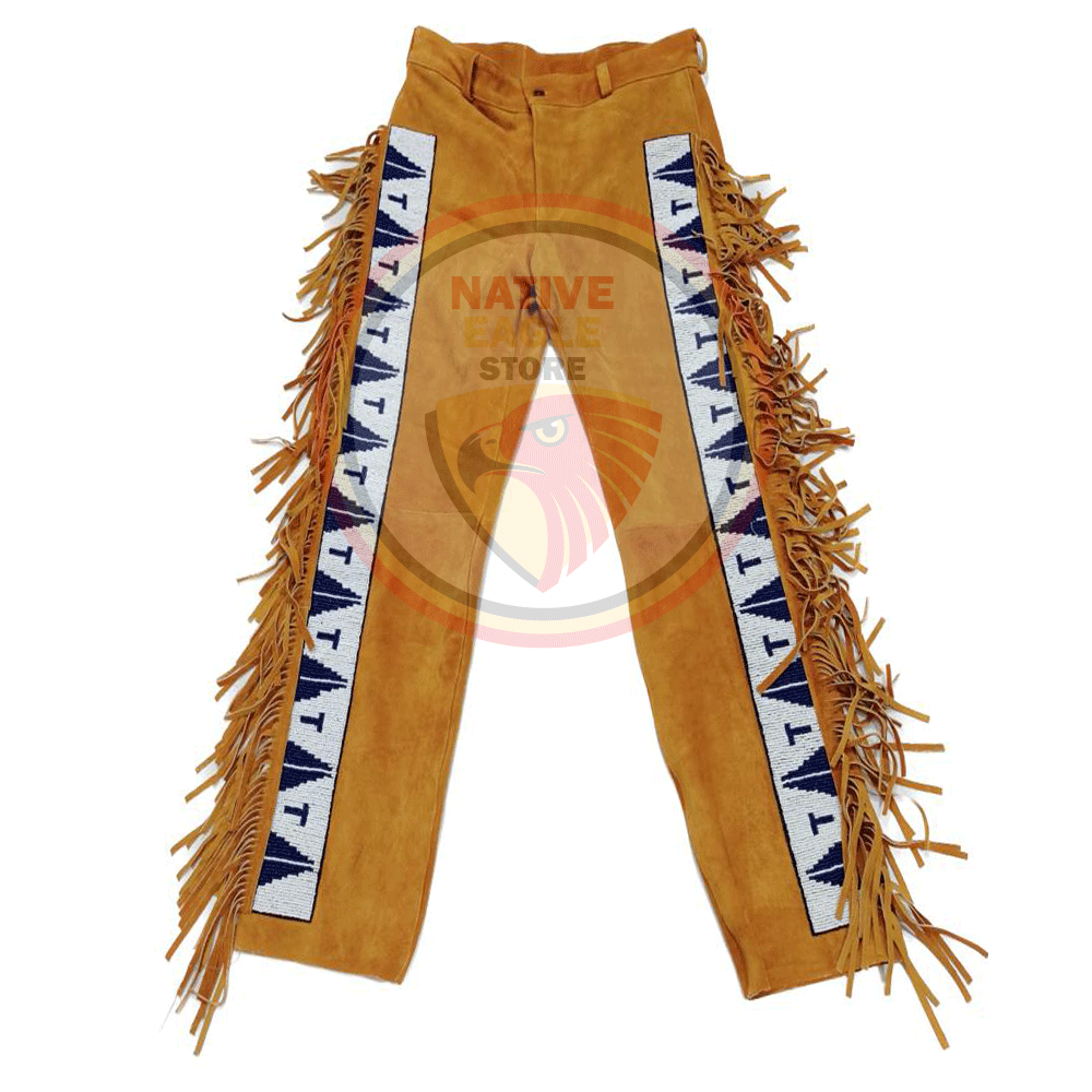 Native Men's Brown Buckskin Suede Leather Fringe Beaded Pants Powwow Pants NFP113