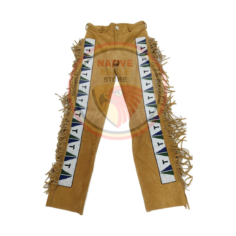 Native Men's Brown Buckskin Suede Leather Fringe Beaded Pants Powwow Pants NFP114