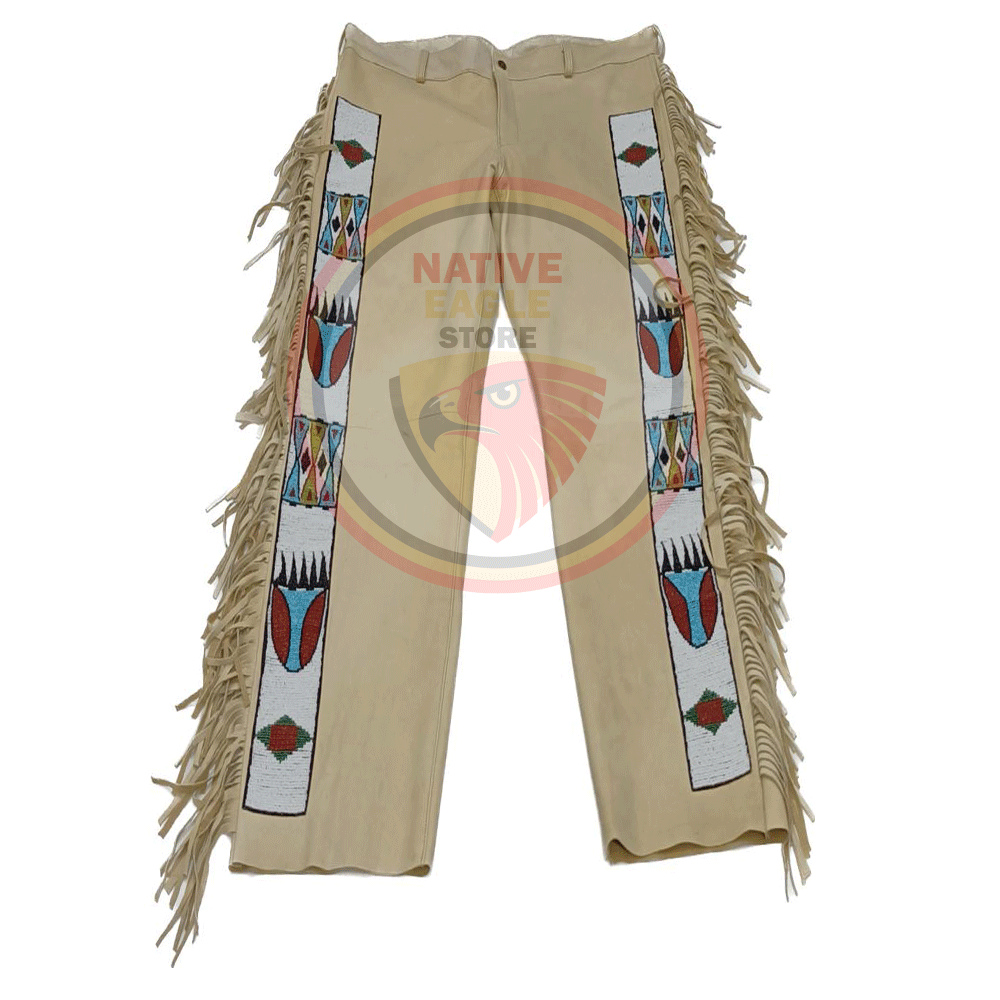 Native Men's Tan Buckskin Suede Leather Fringe Beaded Pants Powwow Pants NLP248