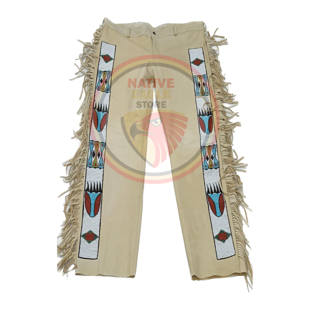 Native Men's Tan Buckskin Suede Leather Fringe Beaded Pants Powwow Pants NLP248