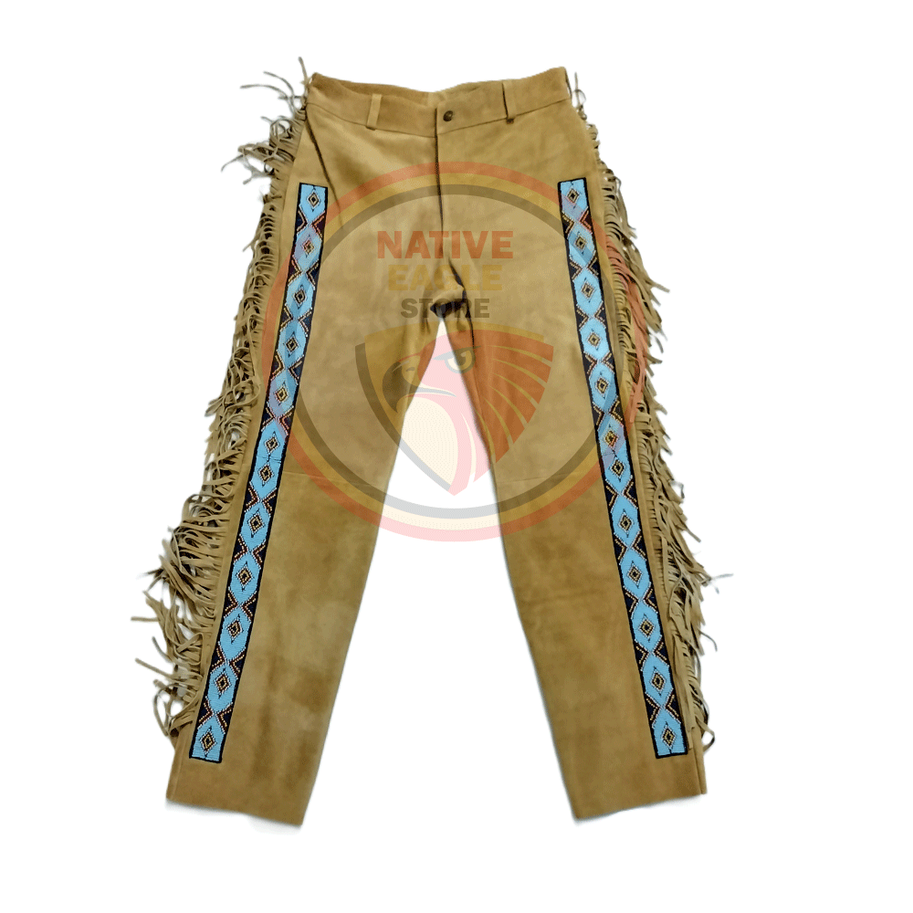 Native Men's Tan Brown Buckskin Suede Leather Fringe Beaded Pants Powwow Pants NFP145