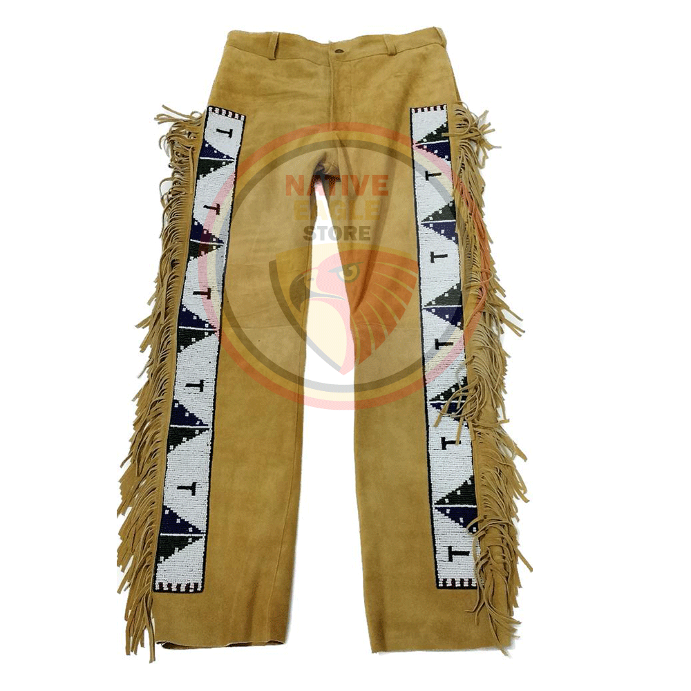 Native Men's Brown Buckskin Suede Leather Fringe Beaded Pants Powwow Pants NFP118