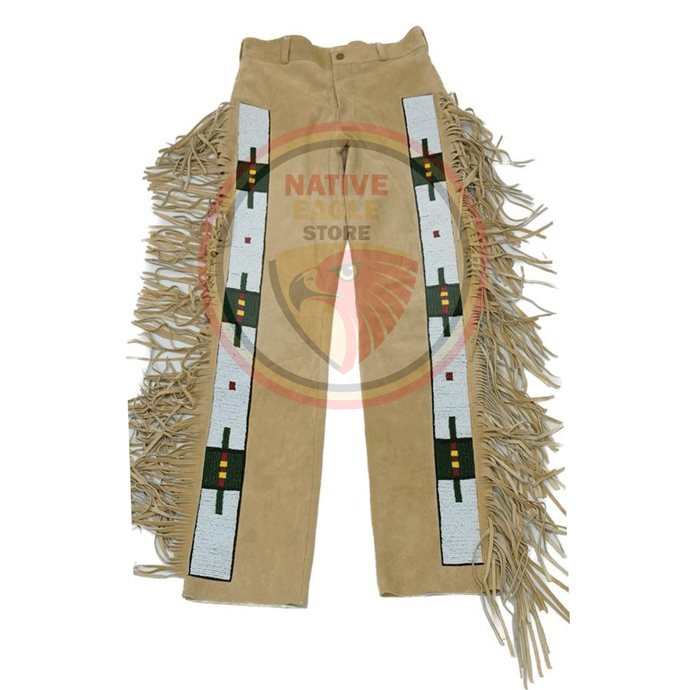 Native Men's Tan Buckskin Suede Leather Fringe Beaded Pants Powwow Pants NLP216
