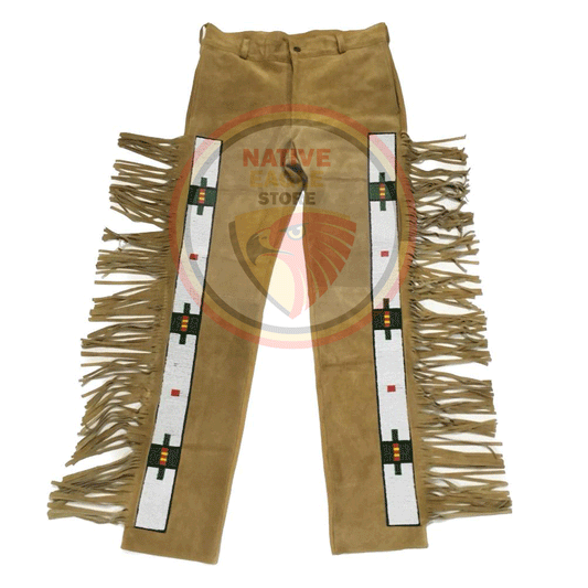 Native Men's Tan Buckskin Suede Leather Fringe Beaded Pants Powwow Pants NLP216