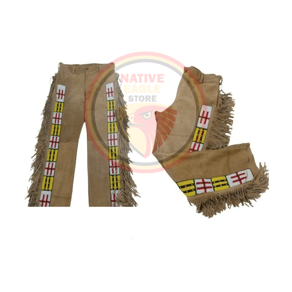 Native Men's Tan Buckskin Suede Leather Fringe Beaded Pants Powwow Pants NLP143