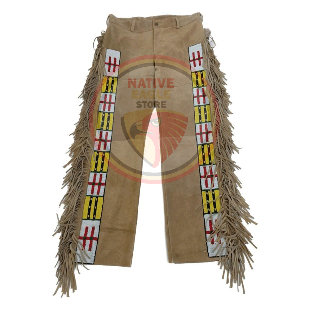 Native Men's Tan Buckskin Suede Leather Fringe Beaded Pants Powwow Pants NLP143