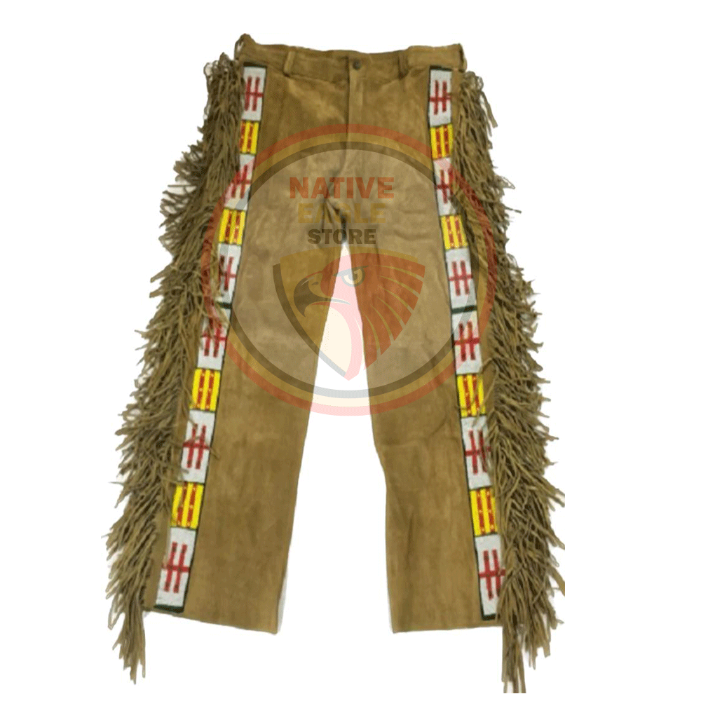 Native Men's Tan Brown Buckskin Suede Leather Fringe Beaded Pants Powwow Pants NFP1043