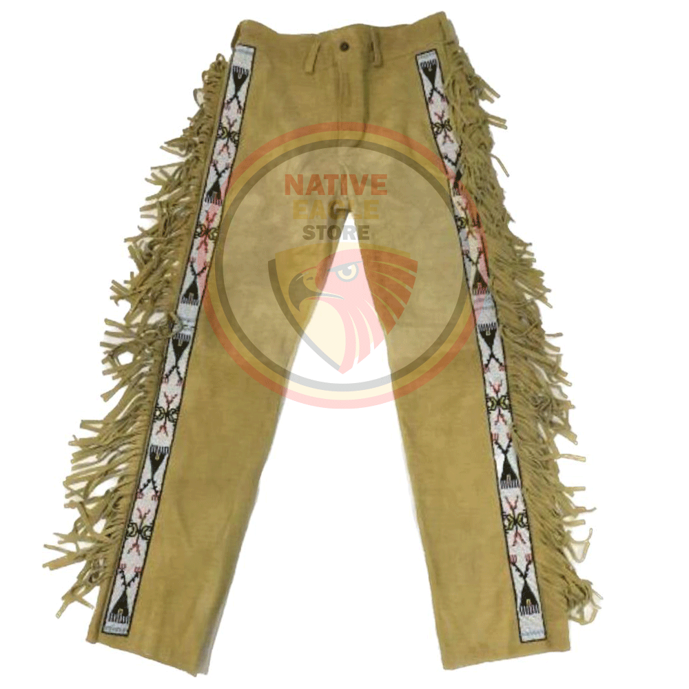 Native Men's Tan Buckskin Suede Leather Fringe Beaded Pants Powwow Pants NLP825