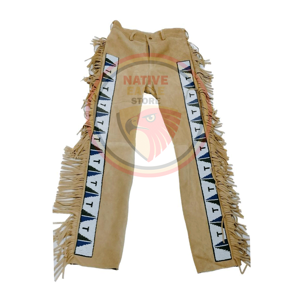 Native Men's Tan Buckskin Suede Leather Fringe Beaded Pants Powwow Pants NLP122