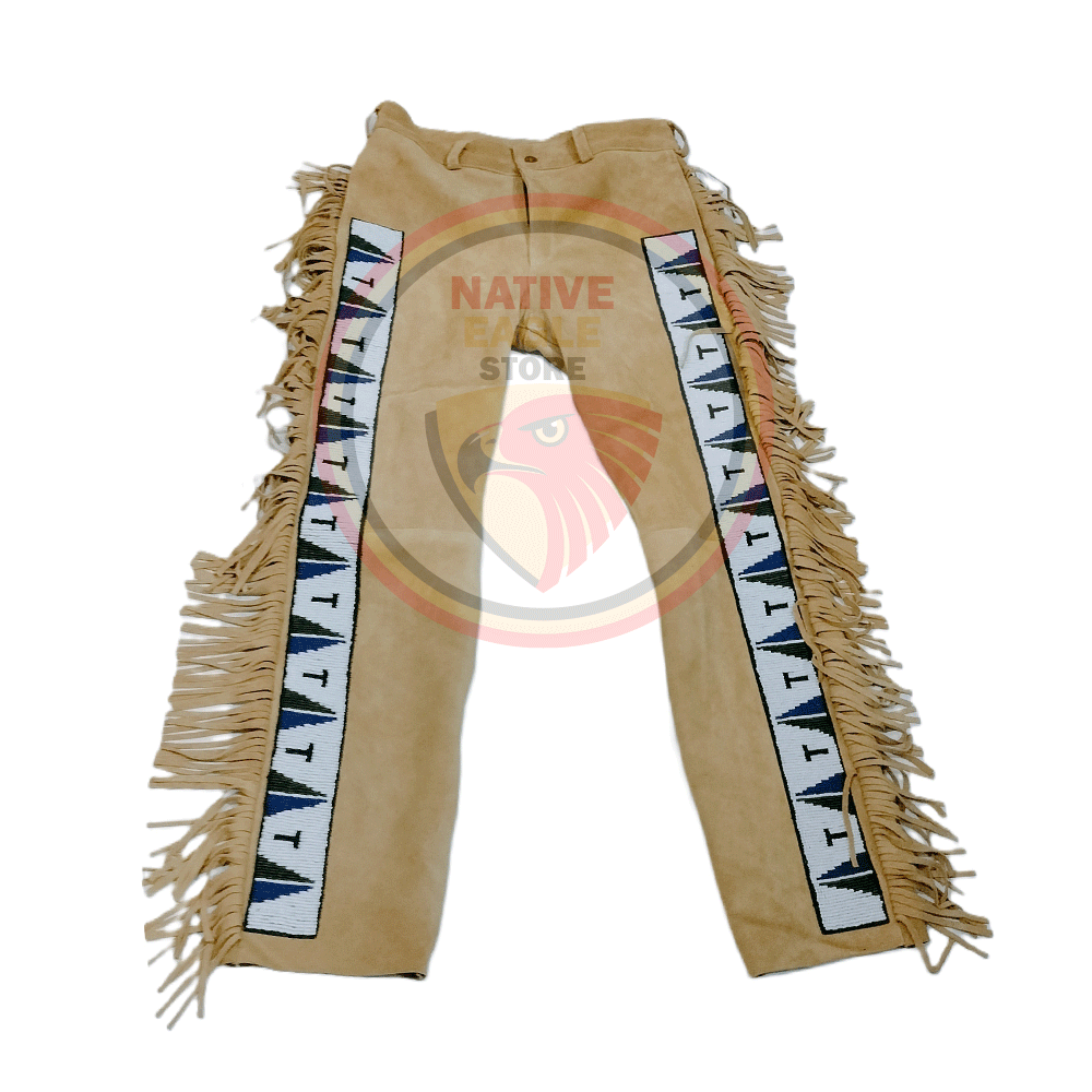 Native Men's Tan Buckskin Suede Leather Fringe Beaded Pants Powwow Pants NLP122