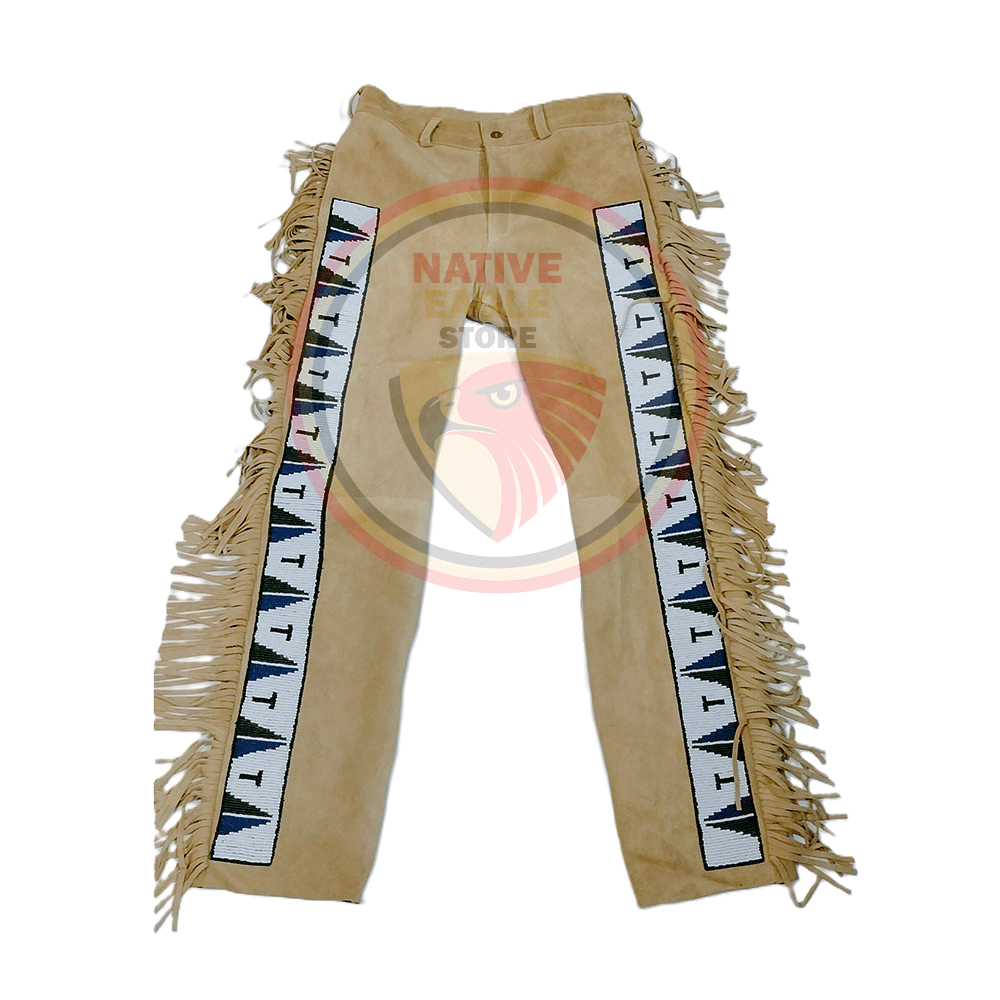 Native Men's Tan Buckskin Suede Leather Fringe Beaded Pants Powwow Pants NLP122