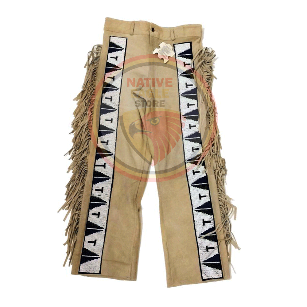 Native Men's Tan Buckskin Suede Leather Fringe Beaded Pants Powwow Pants NLP124