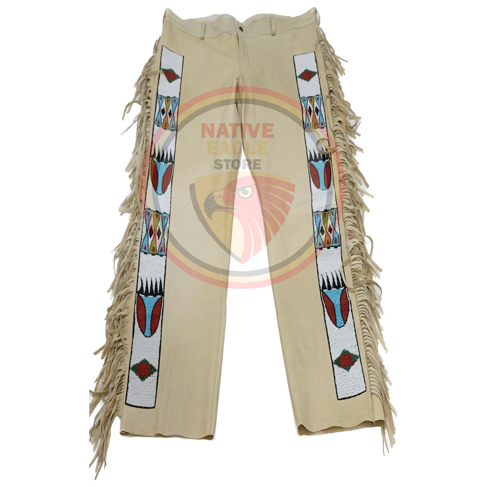 Native Men's Tan Buckskin Suede Leather Fringe Beaded Pants Powwow Pants NLP248