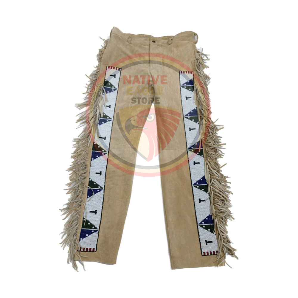 Native Men's Tan Buckskin Suede Leather Fringe Beaded Pants Powwow Pants NLP139
