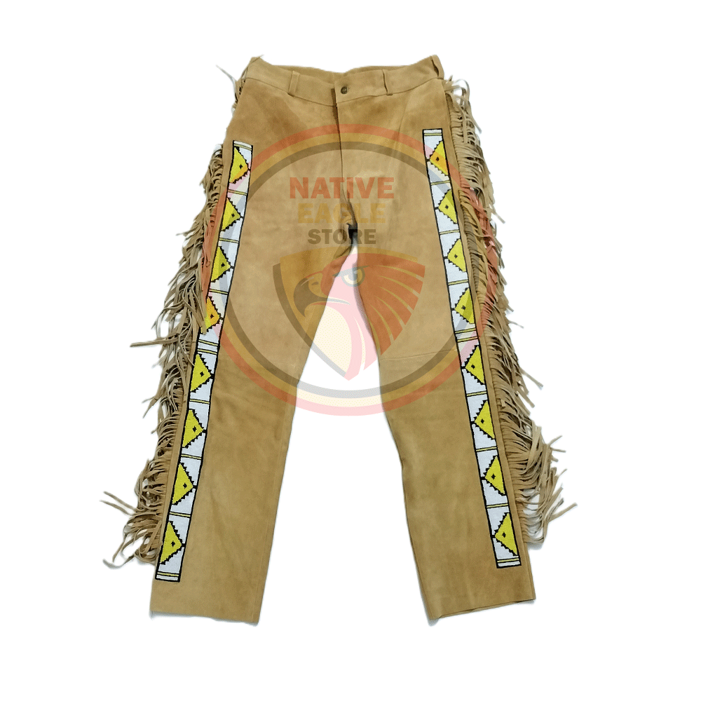 Native Men's Tan Brown Buckskin Suede Leather Fringe Beaded Pants Powwow Pants NFP143