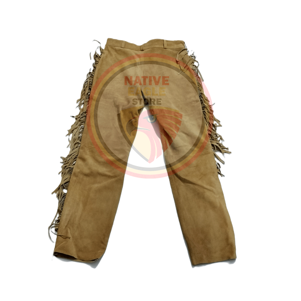 Native Men's Tan Brown Buckskin Suede Leather Fringe Beaded Pants Powwow Pants NFP144
