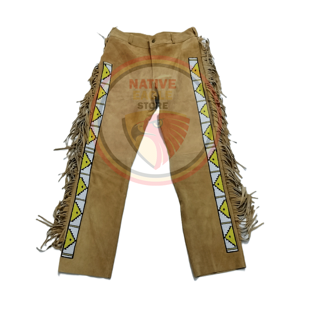 Native Men's Tan Brown Buckskin Suede Leather Fringe Beaded Pants Powwow Pants NFP143