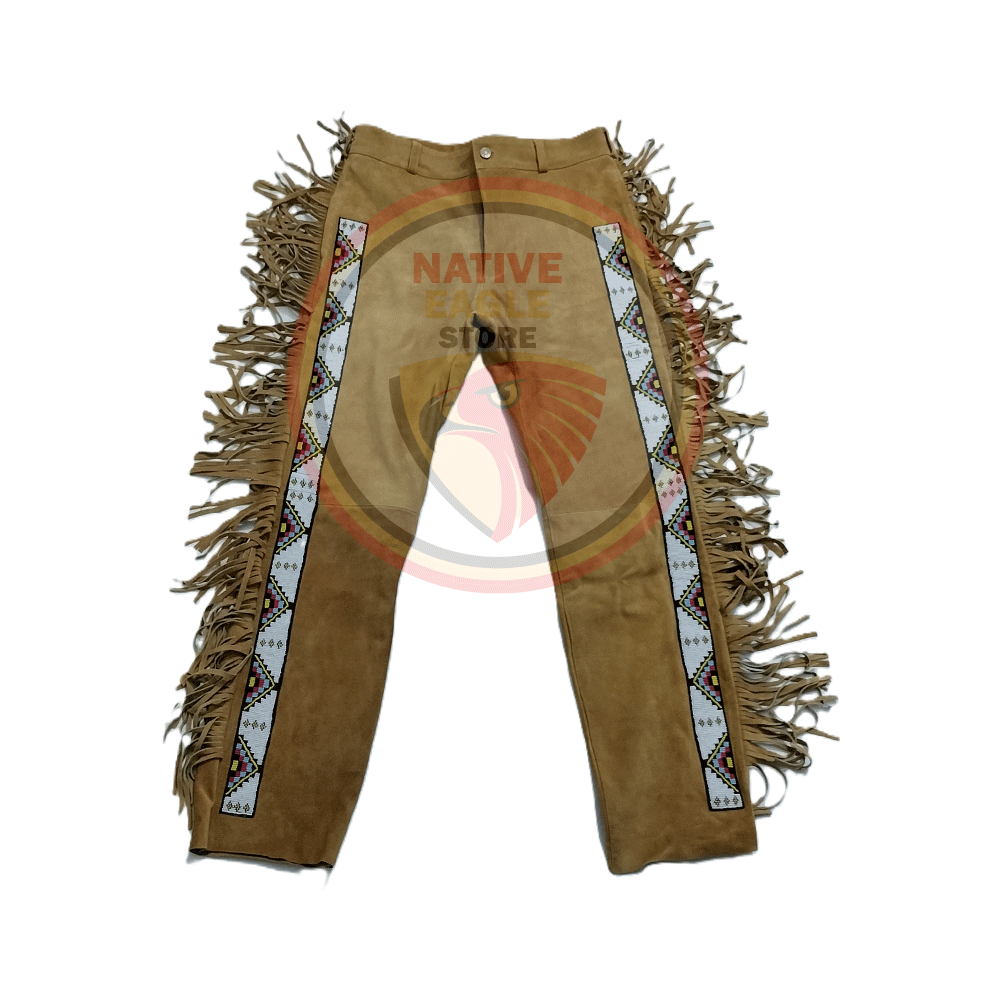 Native Men's Tan Brown Buckskin Suede Leather Fringe Beaded Pants Powwow Pants NFP144